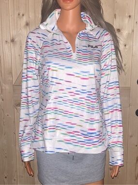 FILA White Quarter-Zip Pullover with Multicolor Stripe Accents